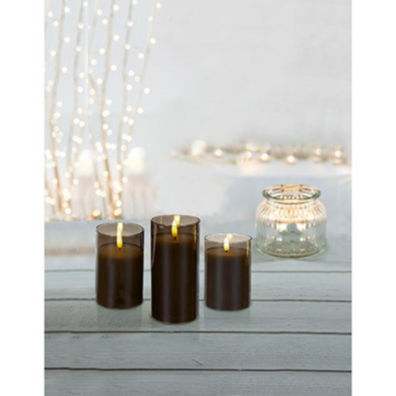 SET 3 FLICKABRIGHT GREY GLASS CANDLES